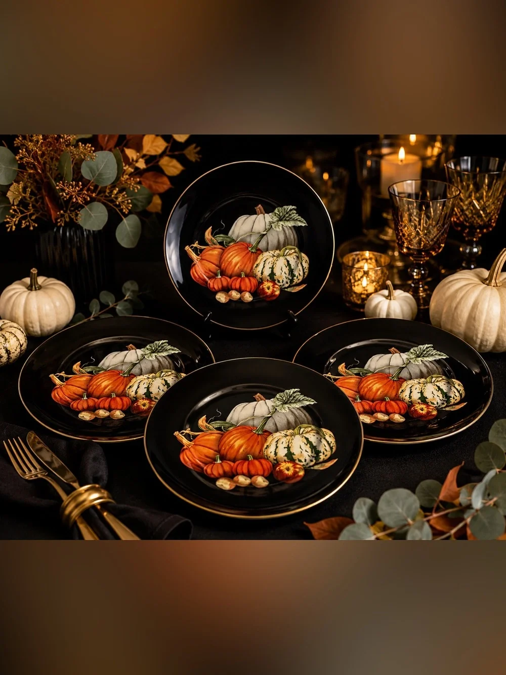 Williams Sonoma Harvest Pumpkin 4 Black Dinner Plates 10.5” 2018 Discontinued